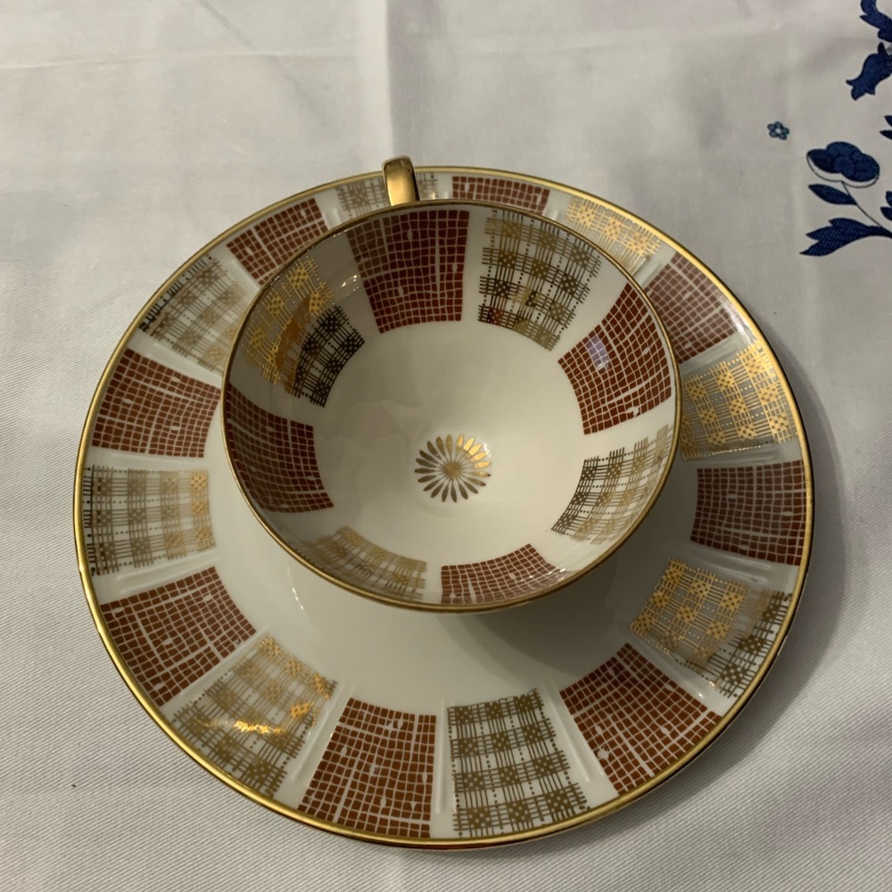 MCM Winterlink  Bavaria Gold and Brown Checkered Tea Cup and desert plate